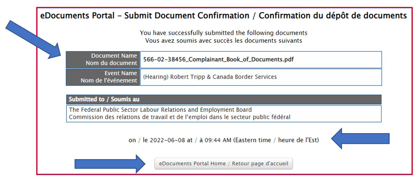 Once your document(s) are uploaded, a confirmation page listing the uploaded documents will be displayed, along with the date and time of your submission