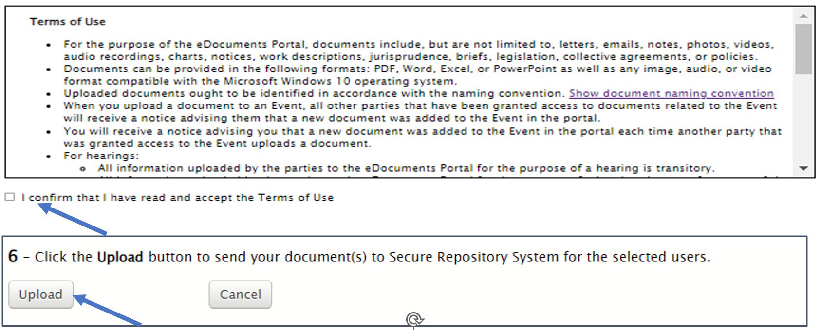 Click Upload to upload your document(s) to the e-Docs Portal.