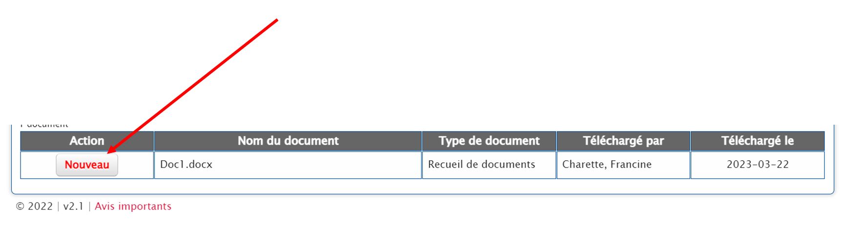 Pour examiner un document pour la première fois, cliquez sur le bouton  Nouveau situé à gauche du nom du document