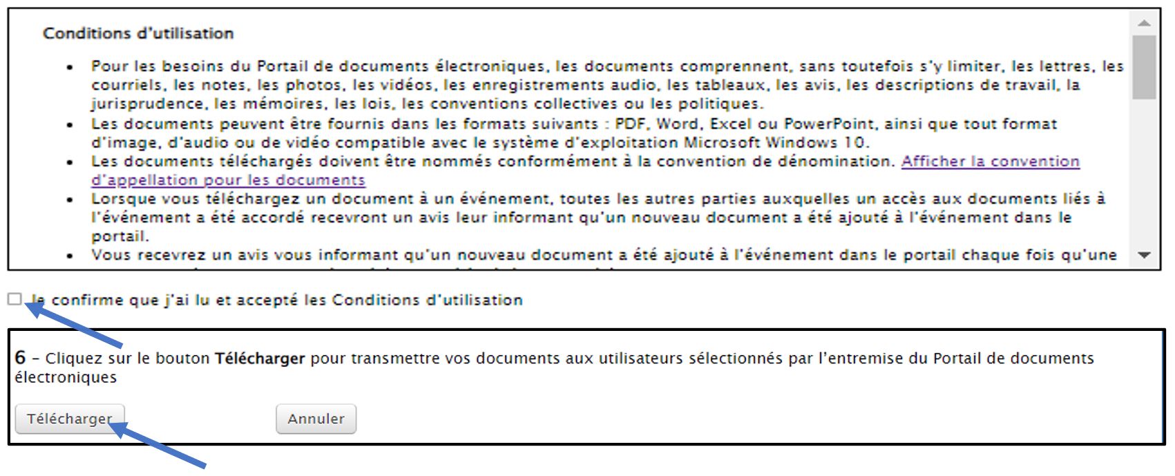 Cliquez sur le bouton Télécharger pour télécharger votre ou vos documents sur le Portail de documents électroniques.