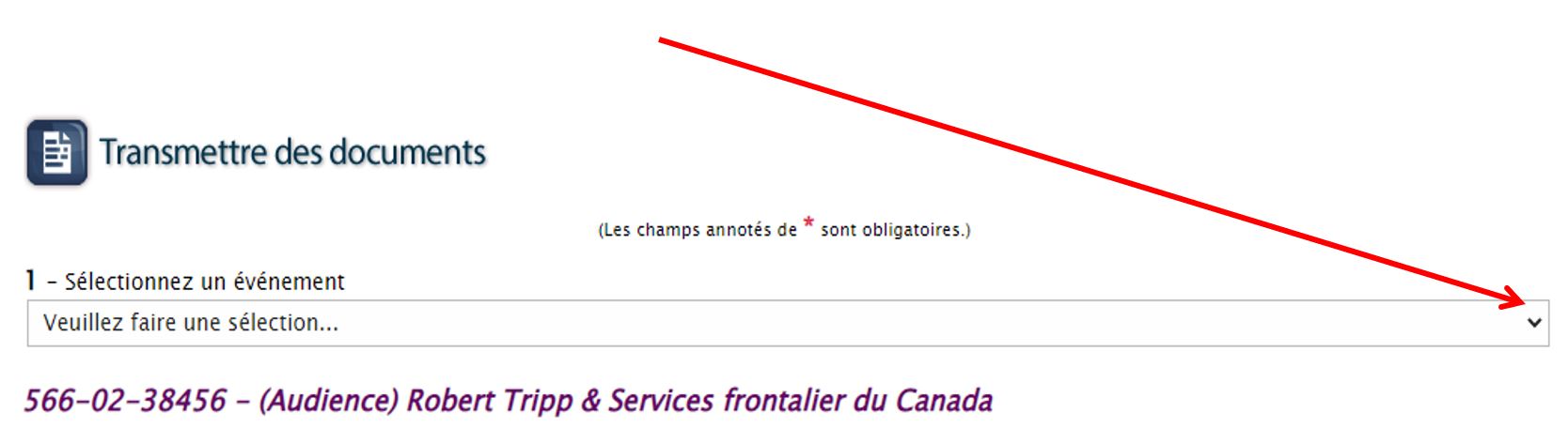 Sélectionnez l’événement pour lequel vous voulez transmettre des documents.